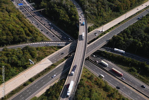 Aerial view of M1 and M25 motorway junction in Hertfordshire.