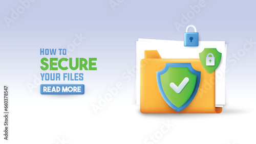 Online files protection 3d render illustration of a file folder with protection shield.