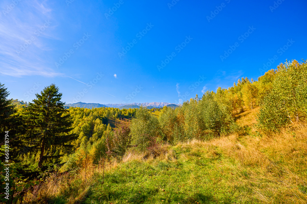 Mountain landscape from the rural areas of the Carpathian mountains in Romania.