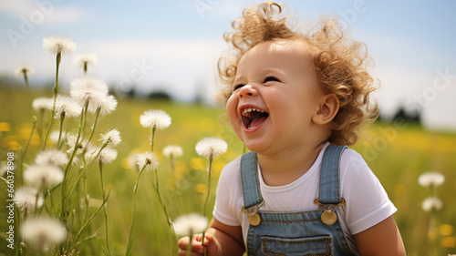 Portrait of happy little boy laughing and playing with flowers in outdoors in spring