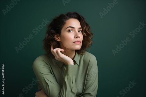 Frau mit Lockigen Haaren, Gedankenverloren vor Grünem Hintergrund