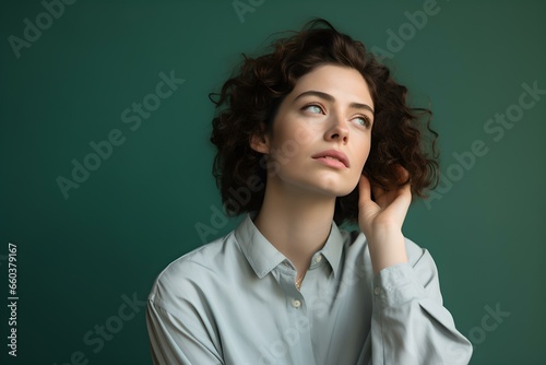 Gedankenverlorenes Porträt vor Grünem Hintergrund, Frau mit Haaren