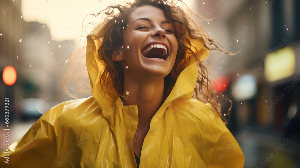 Glückliche Frau im Regen: Das Leben genießen, wie es kommt - obrazy, fototapety, plakaty 
