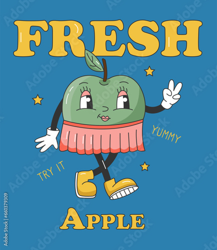 90s Fruit Funny Retro Groovy Cartoon Characters. Poster with Comic Character of Apple. Groovy Summer Vector Illustration. Sweet Juicy Fresh Fruit Banner.
