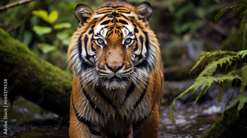Amur tiger walking in the water. Dangerous animal, taiga, Russia. Animal in green forest stream. Amur tiger walking in the water. Dangerous animal, taiga, Russia. Animal in green forest stream.