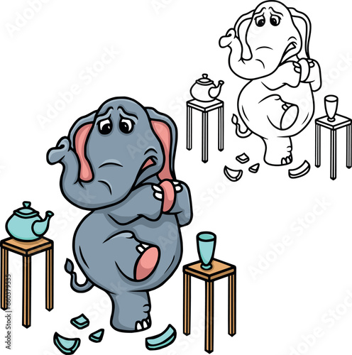 Cartoon clumsy Elephant in a porcelain shop