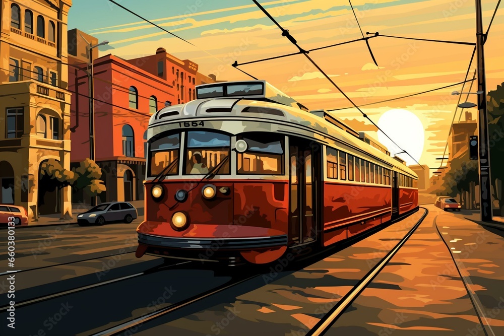 Illustration of tramcar on city road. Generative AI