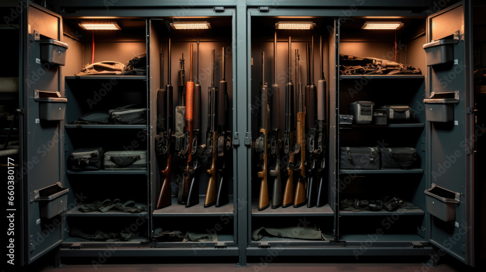 Safe for firearms. The inside of a gun cabinet. Safe storage of rifles, carbines, pistols. Black interior and gun holders. A metal gun safe. Safe storage for weapons - obrazy, fototapety, plakaty 