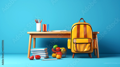 School desk with school accessory and backpack on blue background