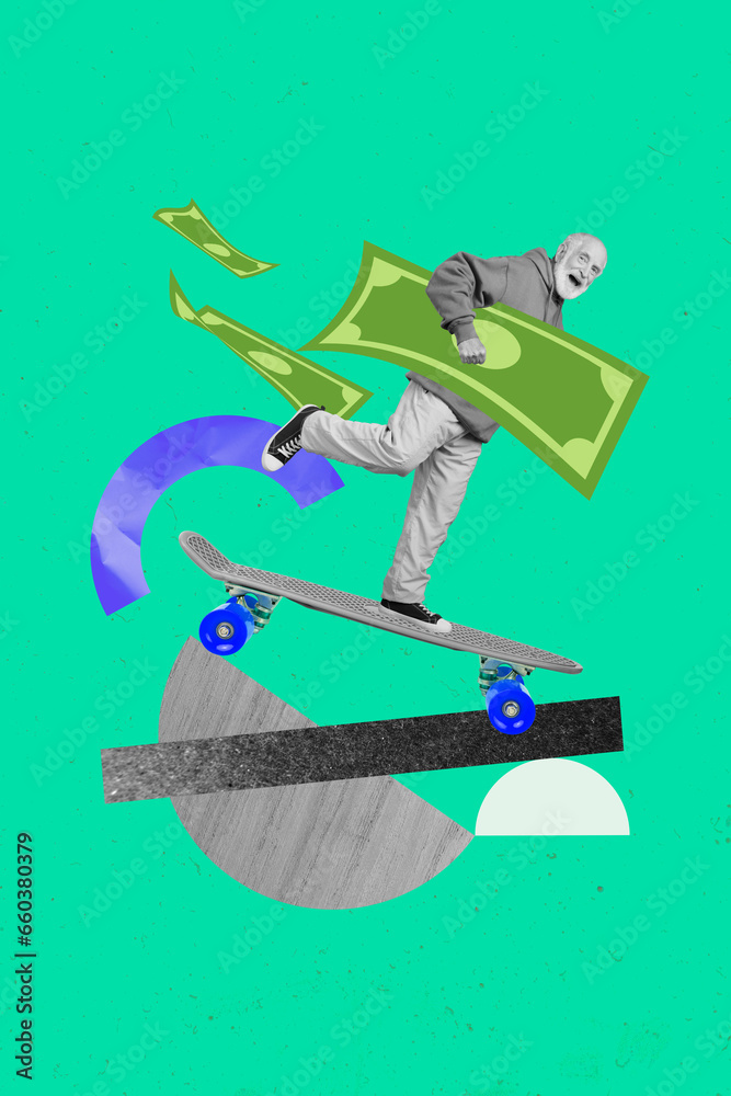Naklejka premium Vertical illustration collage of funky senior old businessman take his banknote riding skate his weekend isolated on green background