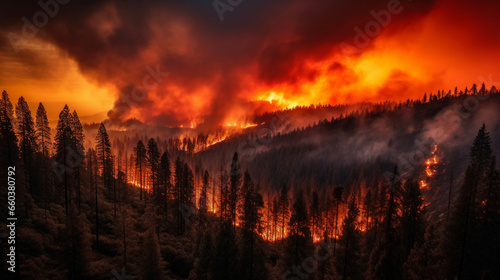 Raging wild fires razing down a forest
