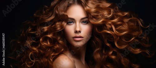 Stunning model with curly hair and beautiful coloring techniques With copyspace for text