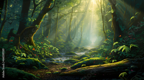 Capture the magical play of sunlight filtering through thick rainforest leaves, creating dappled patterns on the forest floor. Illustrate the serene ambiance of the forest. Perfect for relaxation and
