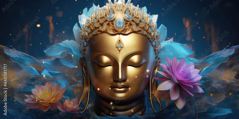 Glowing golden Buddha face with a lotuses flower