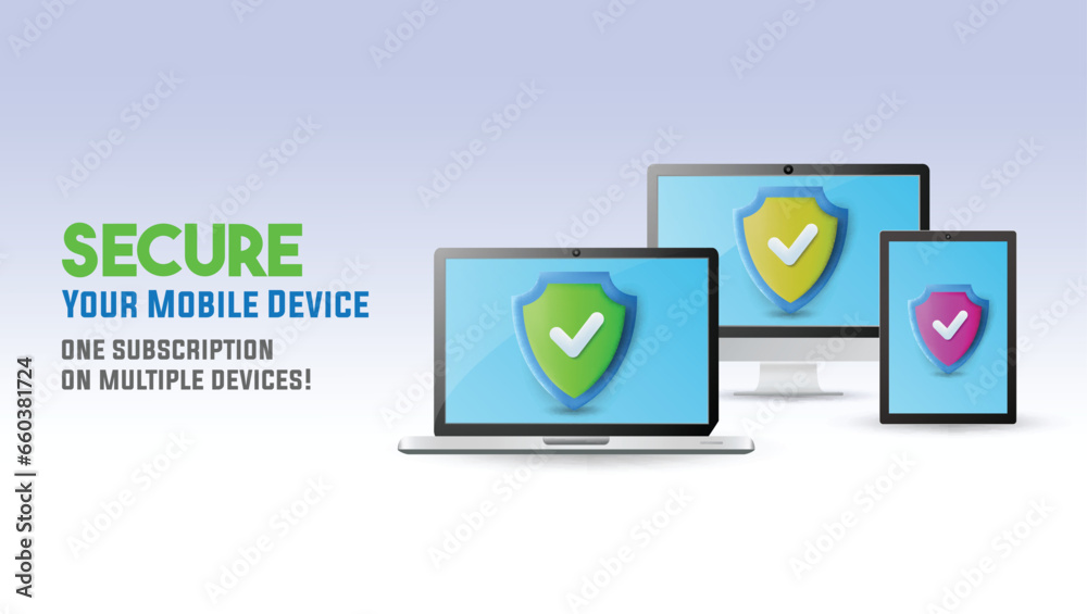 Web banner with 3d render illustration of a smart devices with protection shield 
 - obrazy, fototapety, plakaty 