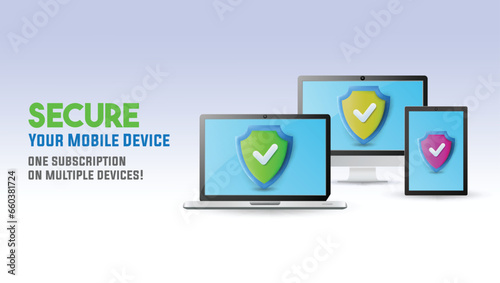 Web banner with 3d render illustration of a smart devices with protection shield 

