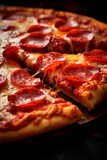 Close - up food photography of a greasy pizza with caramelized crust topped with pepperoni and cheese