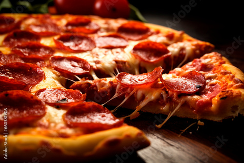 Close - up food photography of a greasy pizza with caramelized crust topped with pepperoni and cheese