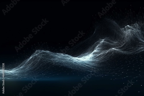 A futuristic background of digital particles forming a glowing wave, representing big data, network connections, and cybernetics. 3D rendering. Generative AI