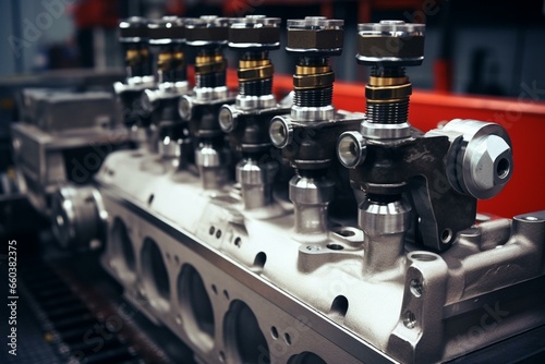 Close-up of cylinder head injectors and camshaft in a modern diesel engine repair. Generative AI