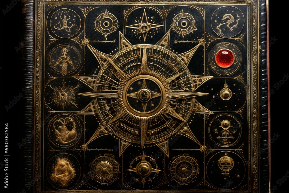 Old book featuring alchemical symbols on a dark background. Generative AI