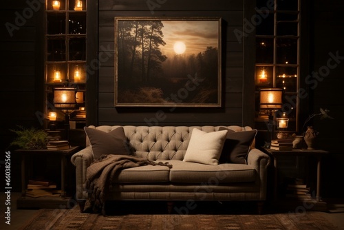 Comfortable nighttime ambiance with a rustic-inspired frame. Generative AI