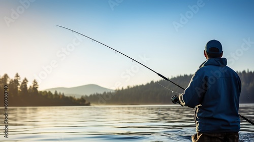 Fisherman fishing with a rod on the river bank