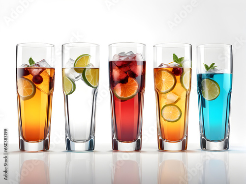 Row of various colorful drinks with ice and fruits on white background photo