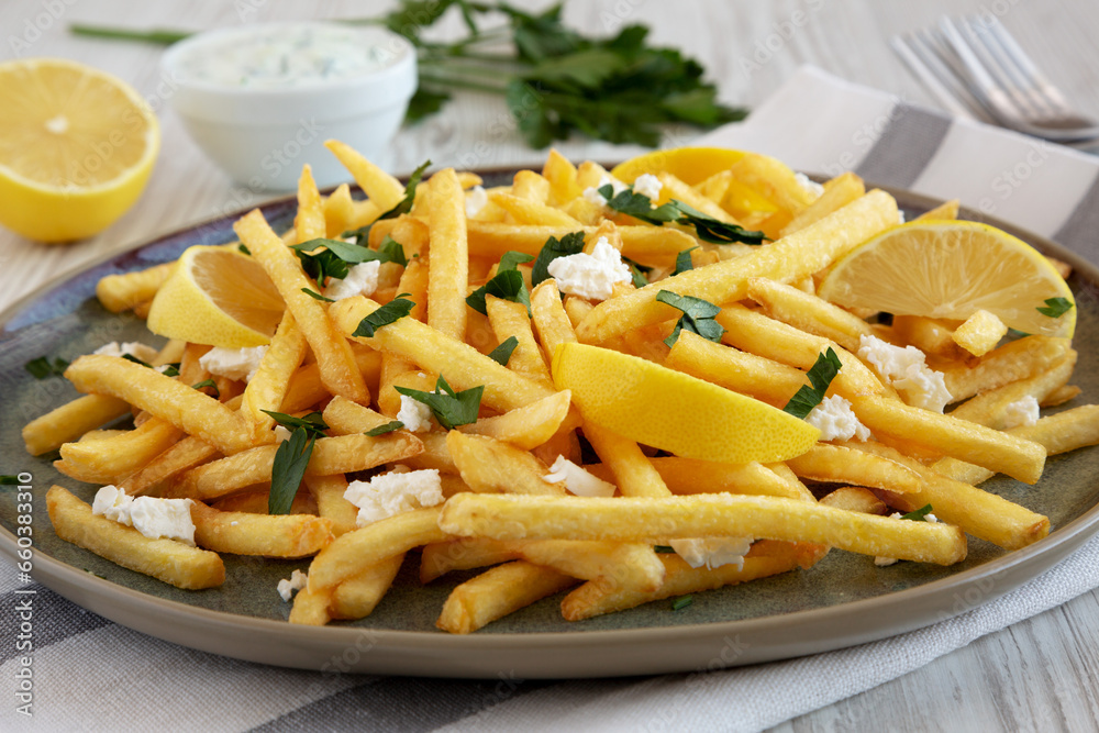 Homemade Greek Fries with Feta and Tzatziki on a Plate, side view. Homemade Greek Fries with Feta and Tzatziki on a Plate, side view.