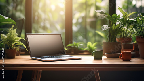 an open laptop on the table where there are several pots with plants in front of the table a large window behind which is a view of a park with green trees