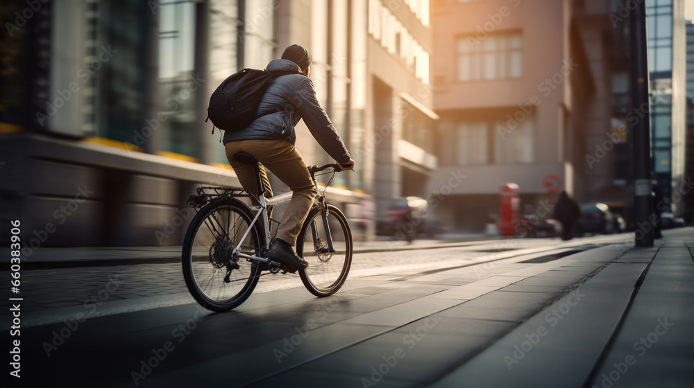 a guy on a bicycle in a jacket and hat and with a backpack rides on a city street - obrazy, fototapety, plakaty 