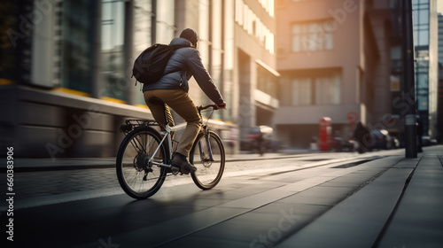 a guy on a bicycle in a jacket and hat and with a backpack rides on a city street