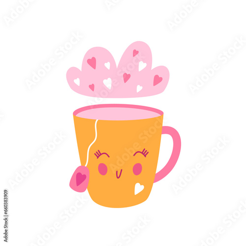 Cup of love vector. Cup with hearts, cute cartoon flat illustration for valentine day.
