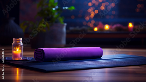 twisted purple fitness mat on floor in dark dimly lit room with candles, meditation atmosphere