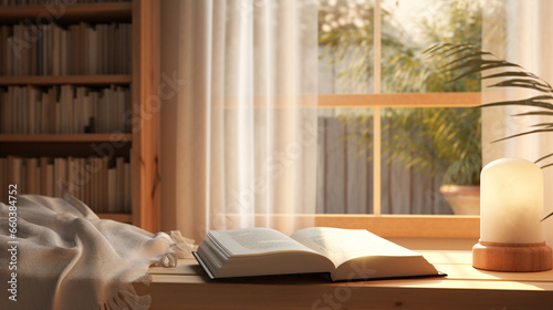 on the wooden windowsill there is an open book a table lamp and a blanket on the windowsill beautiful sunlight falls from the window, in the background you can also see shelves with books © MYKHAILO KUSHEI