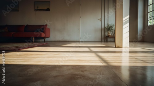 Low angle of a clean floor of a beautiful concrete living room