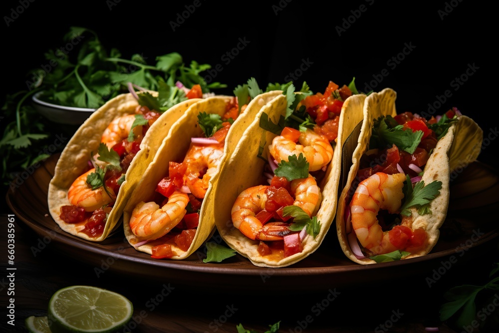 Shrimp tacos with homemade salsa, lime and parsley, traditional Mexican food Shrimp tacos with homemade salsa, lime and parsley, traditional Mexican food