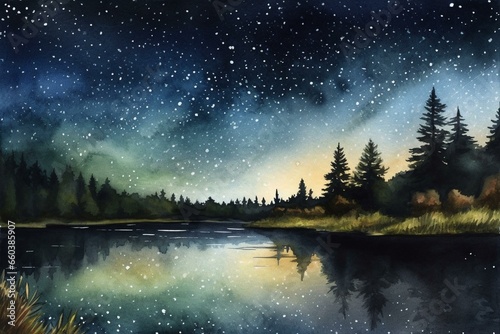 A serene scene of a forest lake under a bedazzling starry night sky, captured in a hand-drawn, watercolor landscape illustration. Generative AI