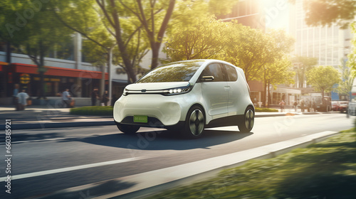 a small stylish modern electric car rushes through the beautifully landscaped streets of a modern city © MYKHAILO KUSHEI