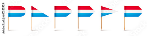 Luxembourgish toothpick flags. Souvenir from Luxembourg. Wooden toothpicks with paper flag. Location mark, map pointer. Blank mockup for advertising and promotions. Vector illustration