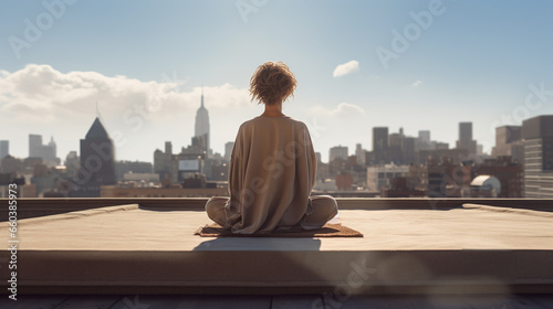 a person in lotus position on a nice sunny day sitting on an empty roof with a nice view of the city and meditating, rear view