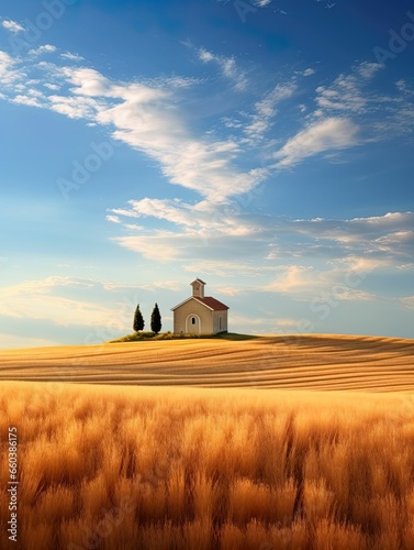Hand drawn baroque chapel stands on the horizon over gentle wavy landscape, wheat fields and meadows, sunny summer day, hand drawn background