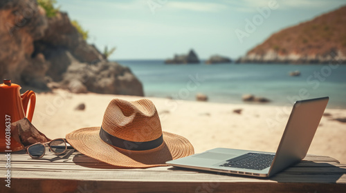 on a wooden table standing on a sunny beach lies a stylish light hat from the sun with a black stripe, as well as a laptop and sunglasses, in the background you can see sand, stones and the sea photo