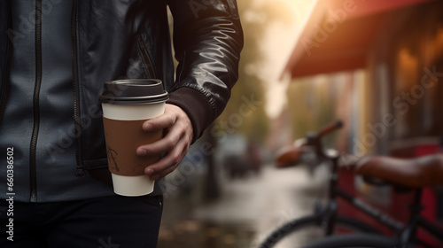 a man carries a paper cup for a hot drink in his hand on the street close-up