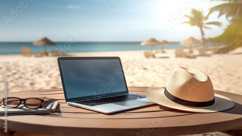 a stylish light sun hat with a black stripe and a laptop and sunglasses lie on a wooden round table standing on a sunny beach, the sand and the sea are visible in the background