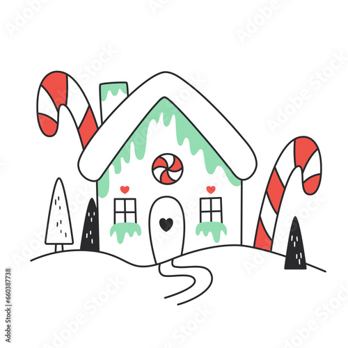 Hand drawn gingerbread house with big lollipops and candy decorations. Doodle symbol of christmas and new year. Outline pastry cottage. Vector design
