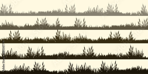 Meadow silhouettes with grass, plants on plain. Panoramic summer lawn landscape with herbs, various weeds. Herbal border, frame element. Brown horizontal banners. Vector illustration