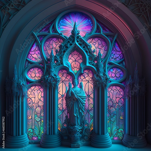 vast stained glass window in a vaporwave cathedral highlydetailed exquisite detail architecture 8k  photo