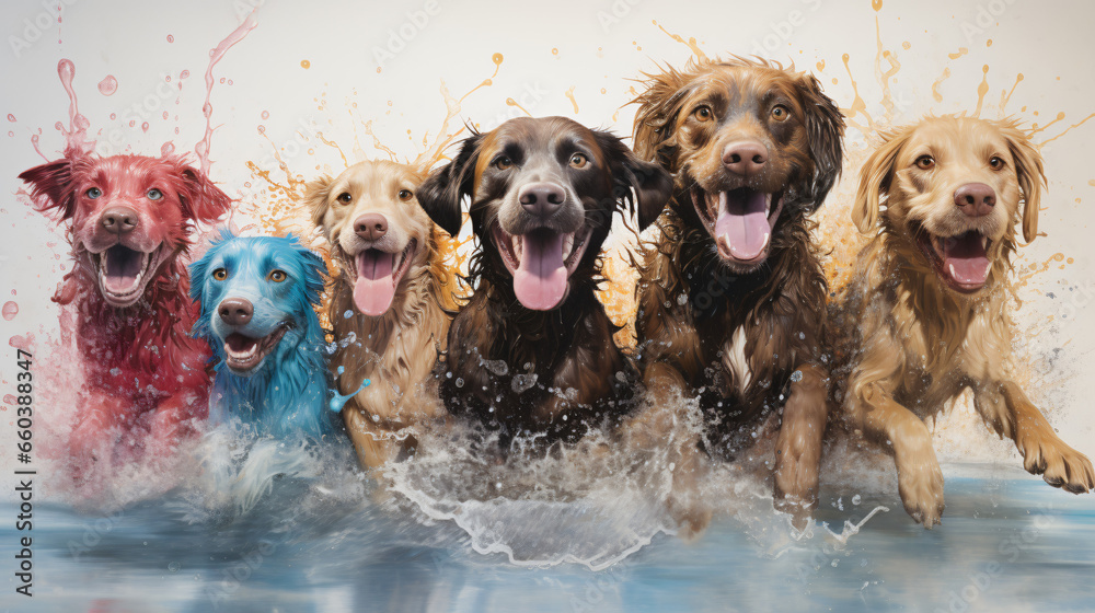 Dogs playing and smiling with color powder exploding in studio setting