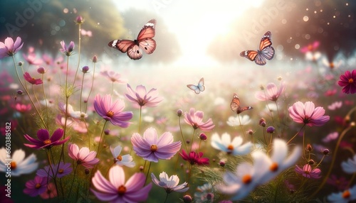 : Sunlit Cosmos Flowers and Butterflies in Meadow